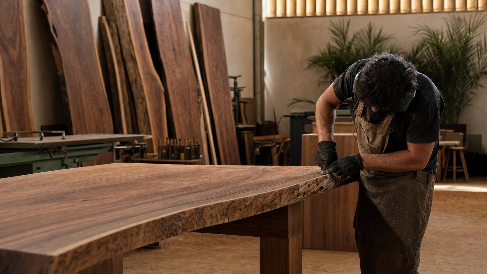 Artesao finalizando uma mesa macica de borda viva